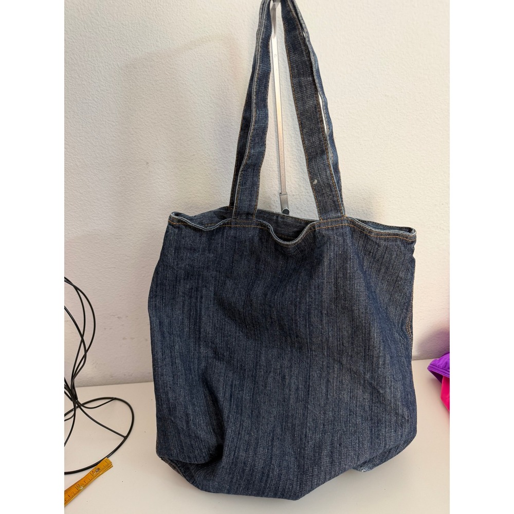 Upcycled Dark Wash Denim Tote Bag Frayed Pocket Indigo Blue Cotton Shoulder Bag - Picture 2 of 6